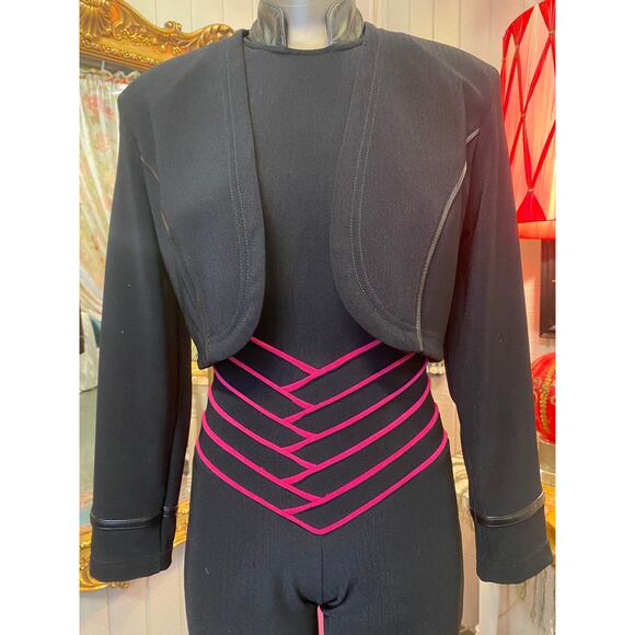 vintage 1980s black stretch jumpsuit and cropped jacket magenta chevron club xs - Picture 11 of 11